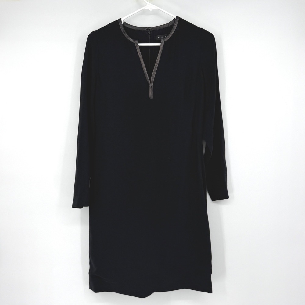 Ralph Lauren Black Label Dress Size 2 Black Leather Trim Long Sleeve Minimalist